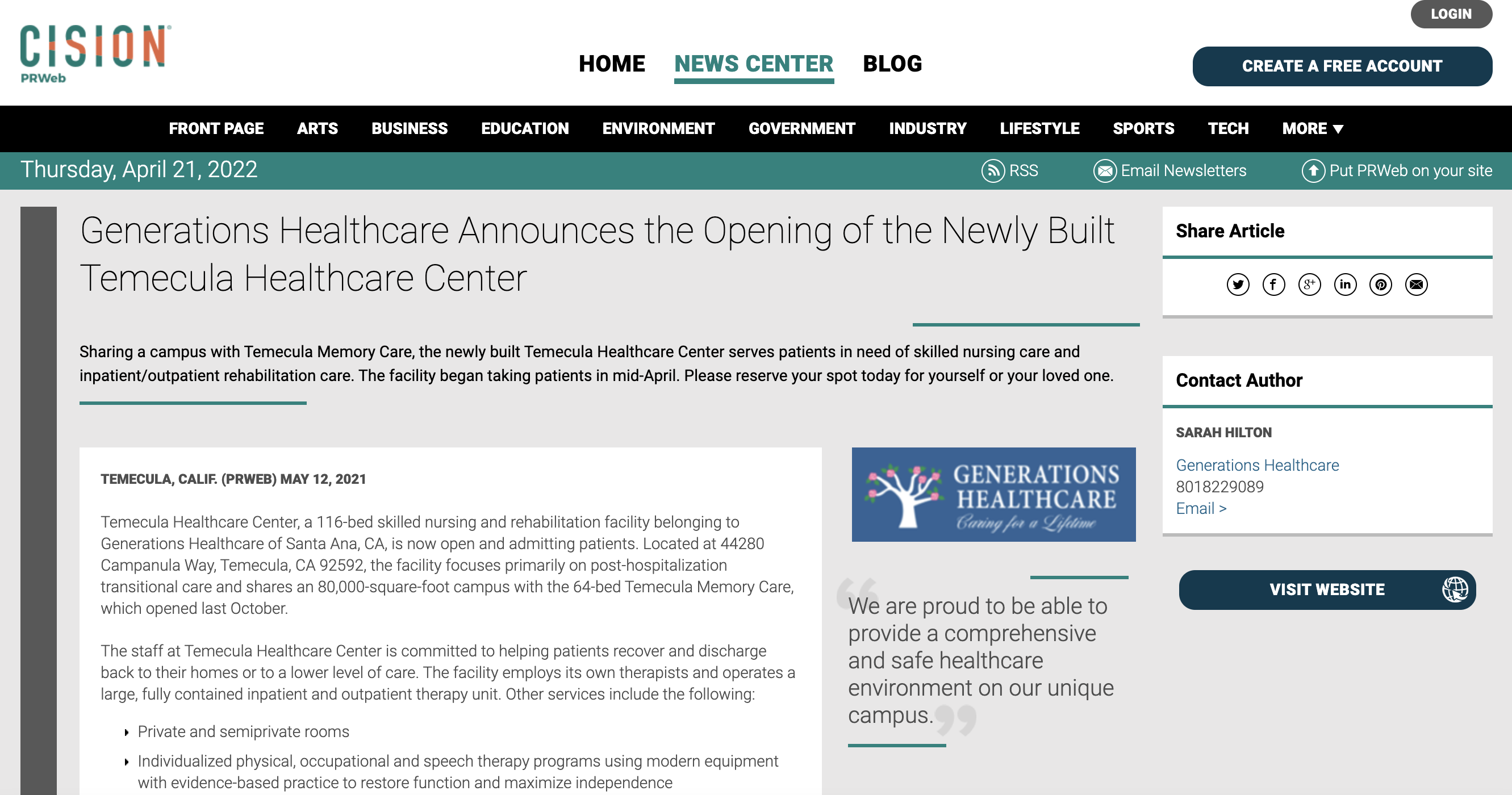 Temecula Healthcare Center Announcement